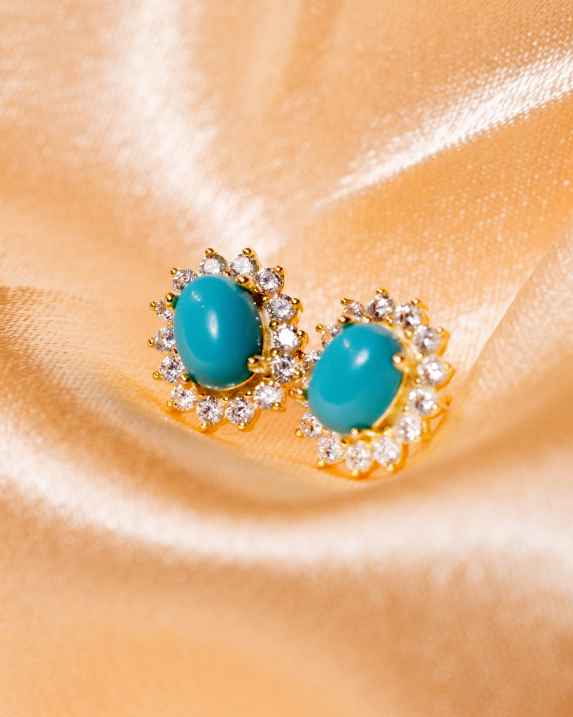 Arete Ovalo Turquesa Cristales Borde Dorado