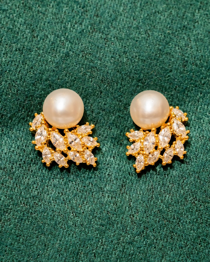 Arete Perla Hojas Dorado Cristales Abajo