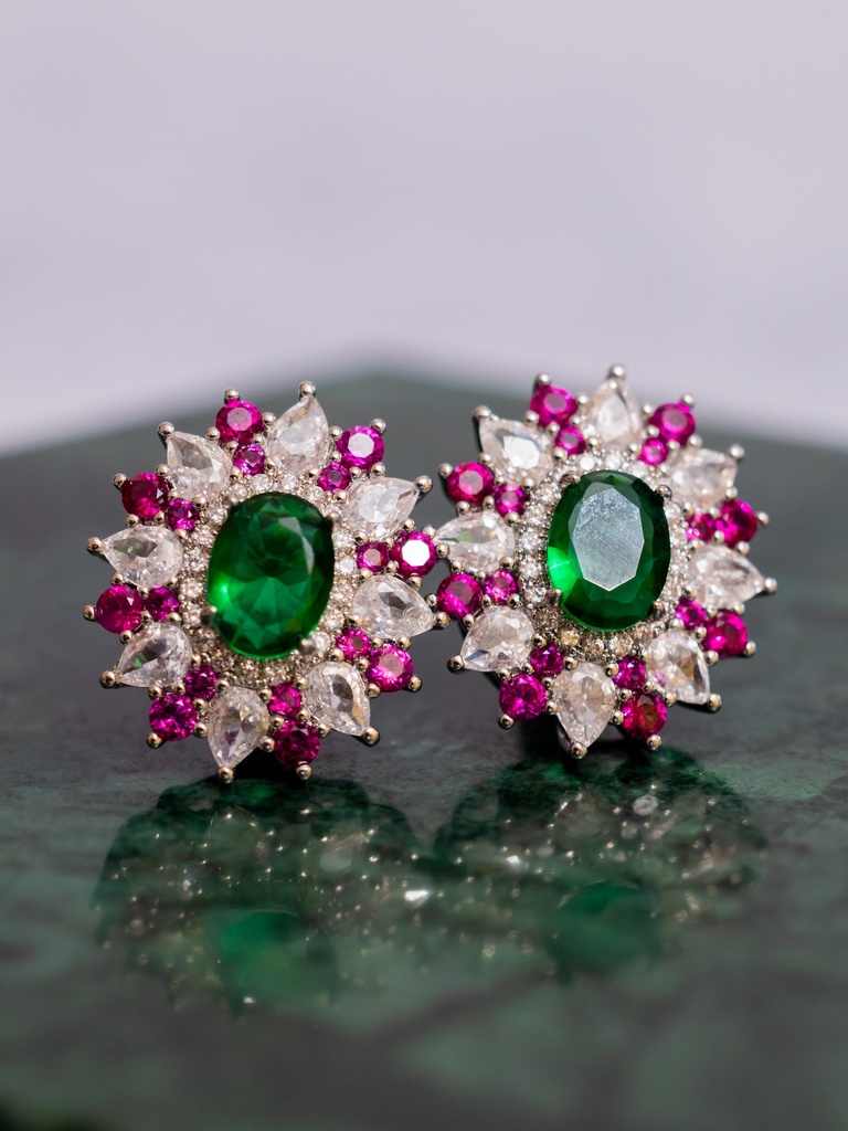 Arete Ovalado Cristales Rosado y Verde CZ