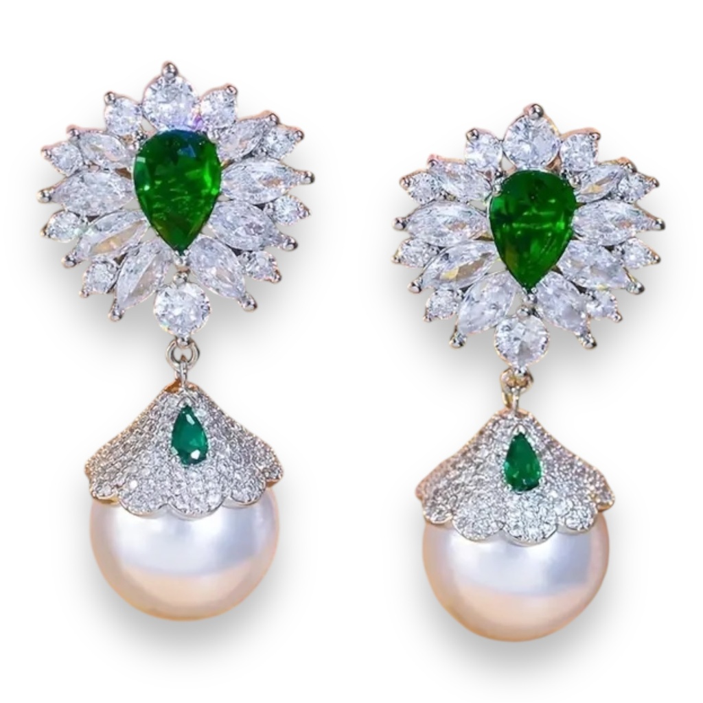 Arete Pieza Cristales y Centro Verde Perla Colgando CZ