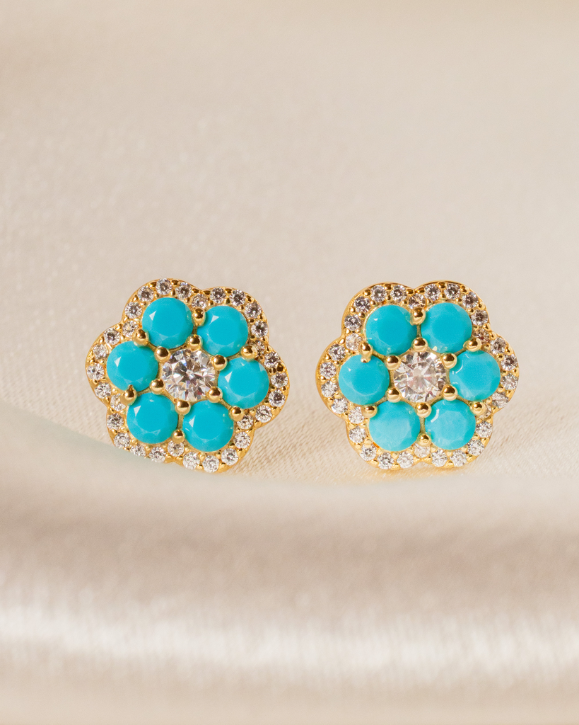 Arete Flor Turquesa Cristales Bordes