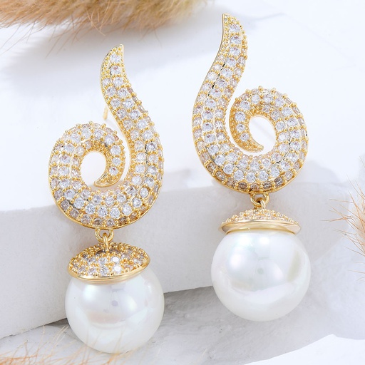 [10483] Arete Swirl Perla Abajo Dorado CZ