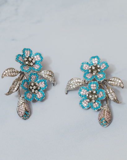 [11107] Arete Flores Azules y Plateado CZ