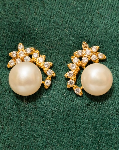 [25-E33487] Arete Perla Borde Hojas Dorado