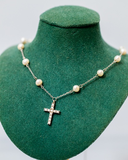 [11-N5089] Collar Perlas Cruz Plateado