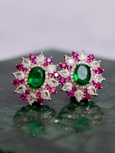 [11825] Arete Ovalado Cristales Rosado y Verde CZ