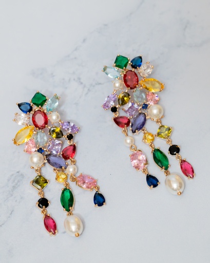 [11902] Arete Multicolor Flores y Perla